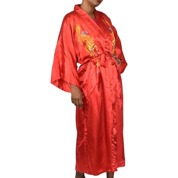 Embroidered Silk Robe Kimono Red Susi Dragon Wrap Chinese Asian Satin Size Large - Picture 8 of 16